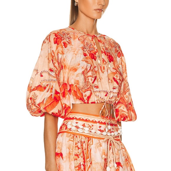 Zimmermann Lyre cropped shell embellished blouse in palm print - Picture 2 of 8